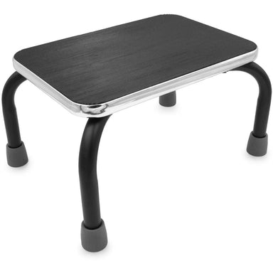 Small black step stool with metal legs on a white background