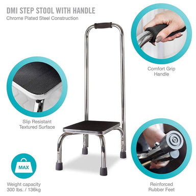 Step stool with handle featuring chrome plating, textured surface, and comfort grip handle on a white background.