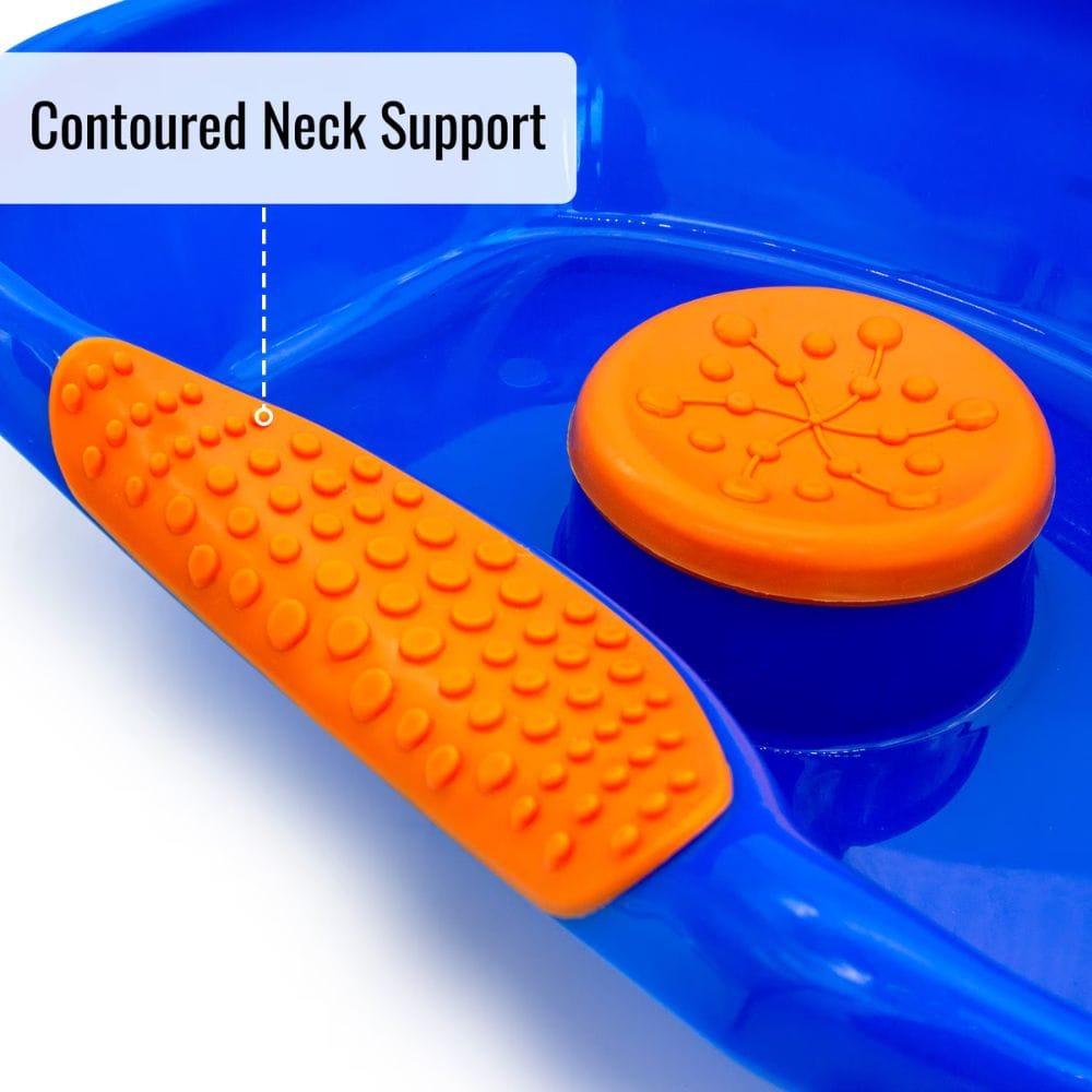 Blue and orange contoured neck support with text label on a white background