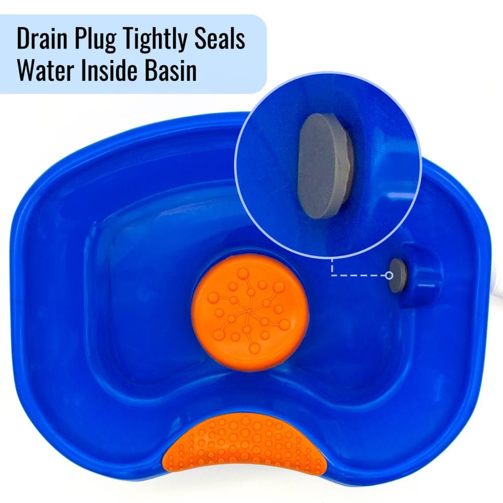 Blue and orange basin with drain plug feature, showing water sealing mechanism.