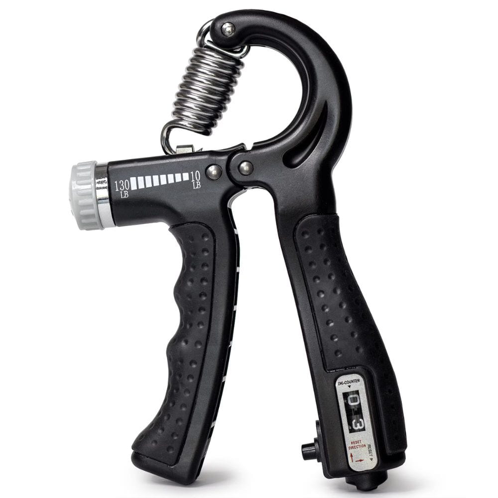 Black hand grip strengthener with digital display on a white background