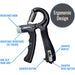 Hand grip trainer with labeled features on a white background
