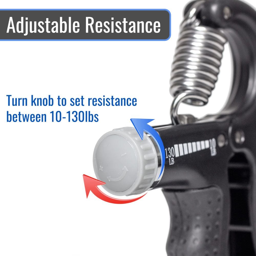 Hand grip trainer with adjustable resistance knob on a white background