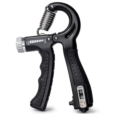 Black hand grip strengthener with digital display on a white background