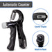 Black hand grip strengthener with digital display on a white background