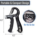 Hand grip trainer with dimensions and pocket illustration, emphasizing portability.