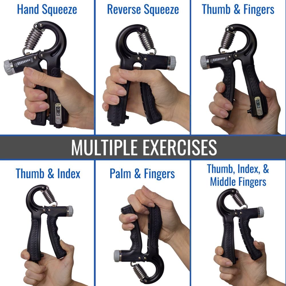 Hand exerciser with different grip techniques and positions on a blue and gray background.