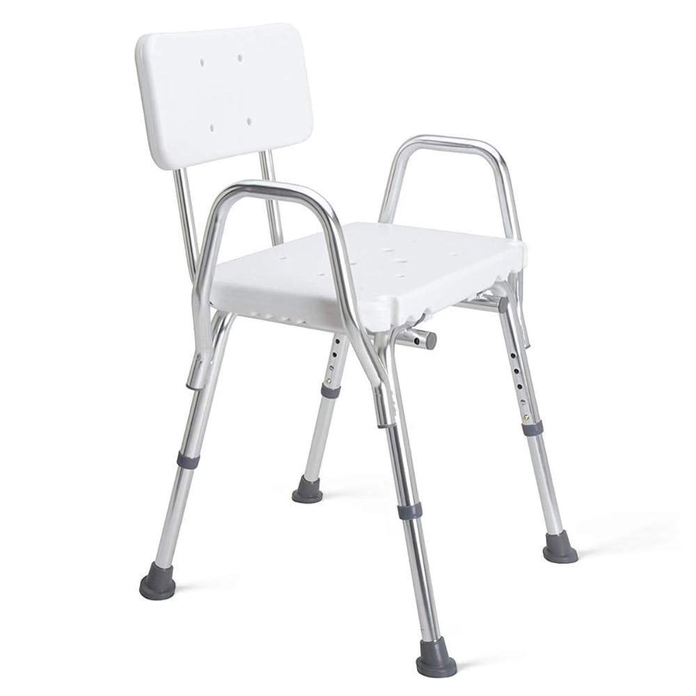 White shower chair with metal legs on a white background