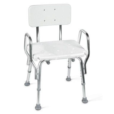 White shower chair with metal frame on a white background