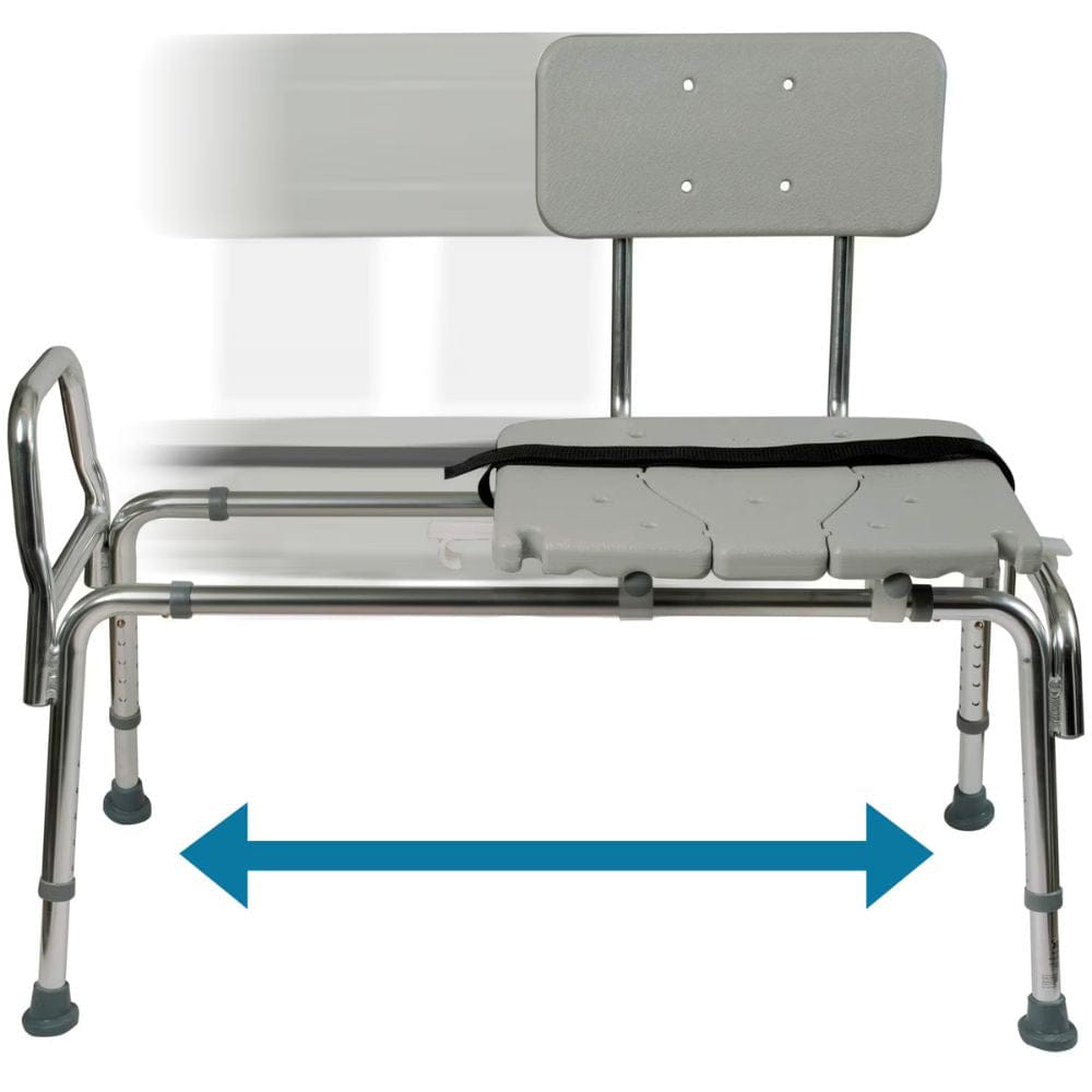 Bariatric patient transfer bench with a blue arrow indicating its width on a white background