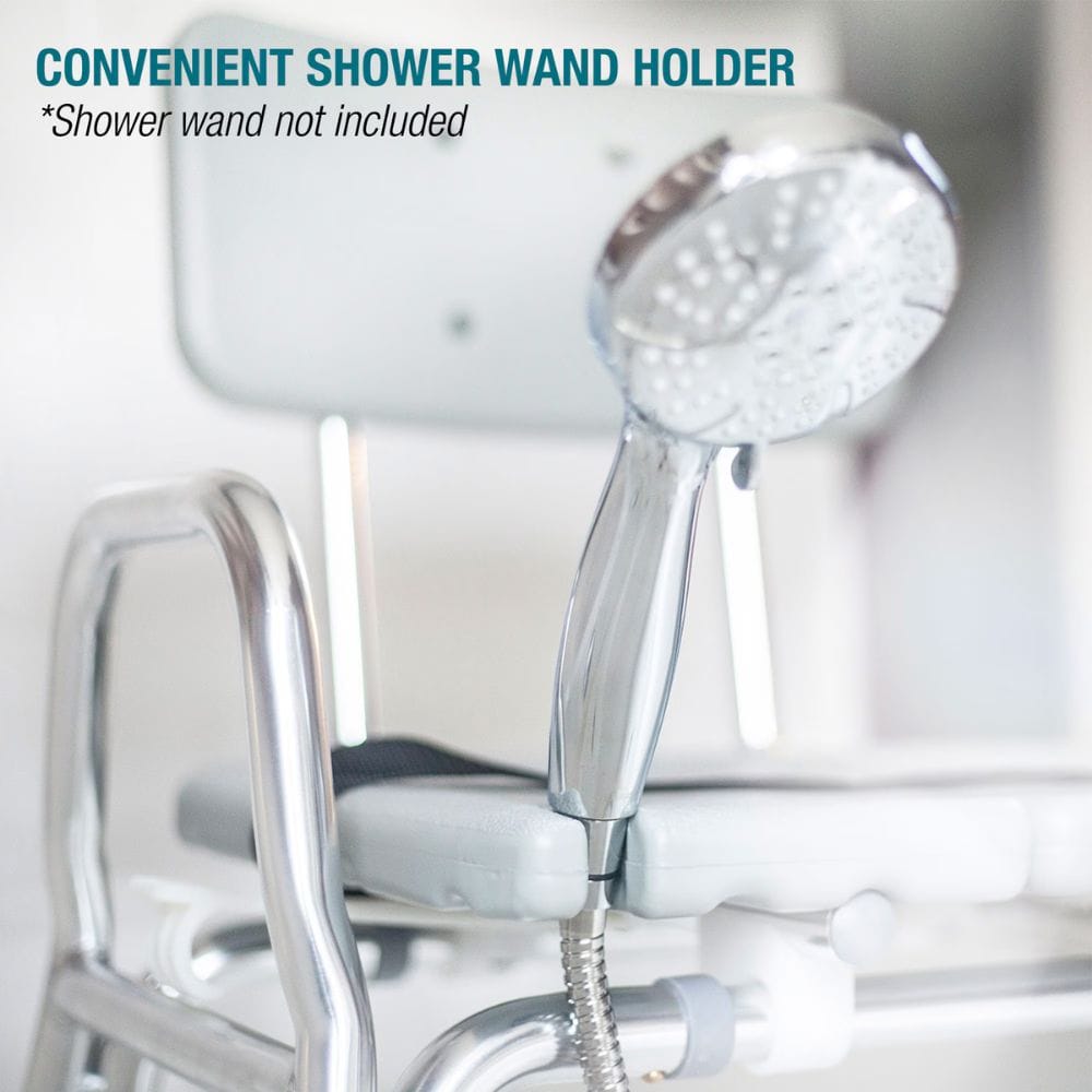 Shower head attached to a holder with text 'Convenient Shower Wand Holder' and '*Shower wand not included'.