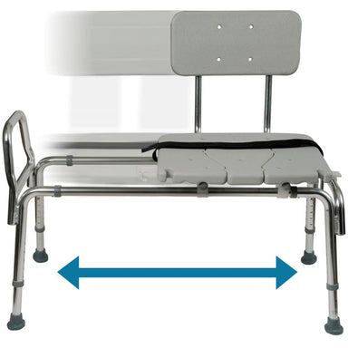 Bariatric patient transfer bench with a blue arrow indicating its width on a white background