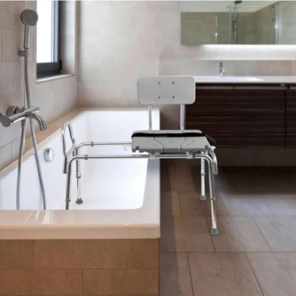Bath support chair in a bathroom setting with a bathtub and sink.