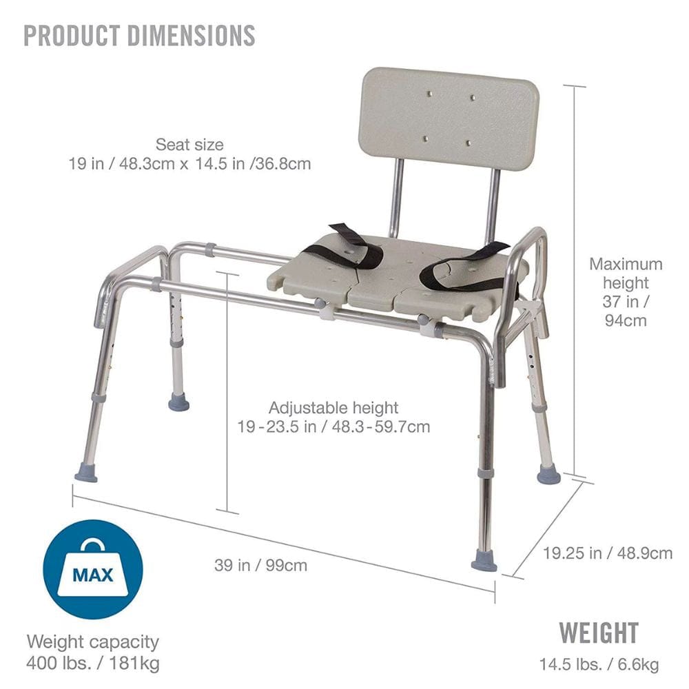 Measurement chart of a medical bath chair with dimensions and weight capacity displayed.