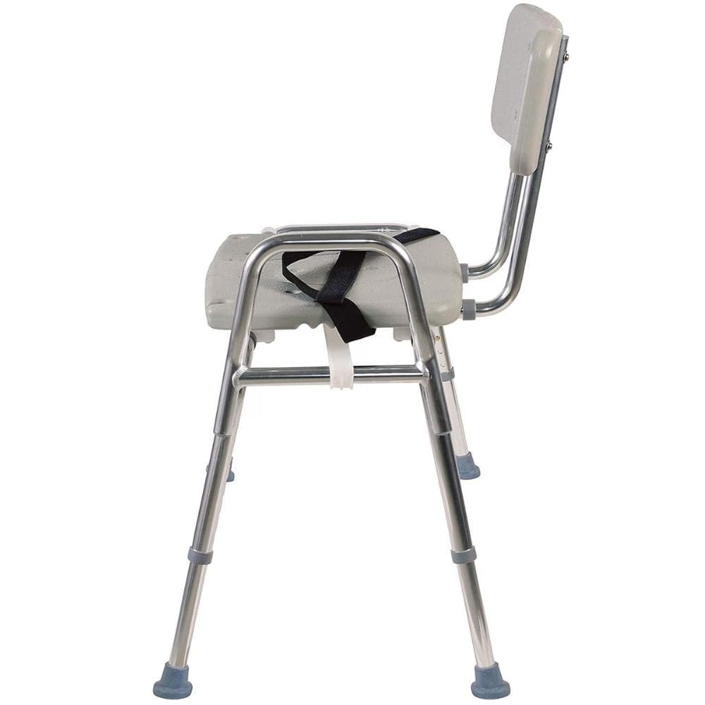 Stainless steel shower chair with backrest on a white background