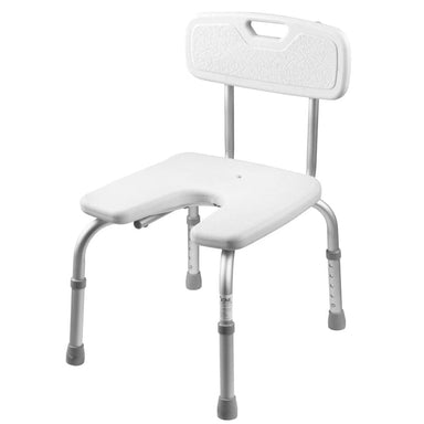 White shower chair with backrest on a white background