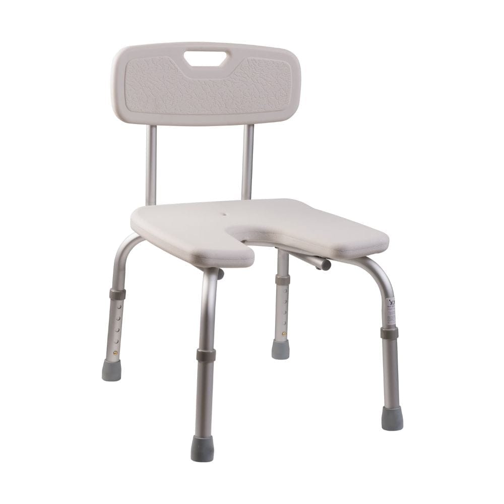 Gray and white adjustable shower chair on a white background