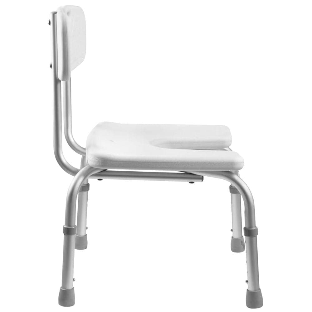 White shower chair with metal frame on a white background