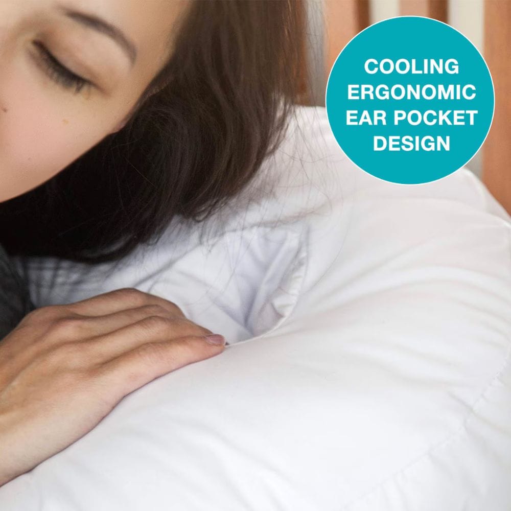 Person lying down with a cooling ergonomic ear pocket design label.