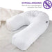 A white U-shaped maternity support pillow on a bed, with text overlay at the top reading 'HYPOALLERGENIC' and a purple insect icon, plus a small black fabric tag on the side.
