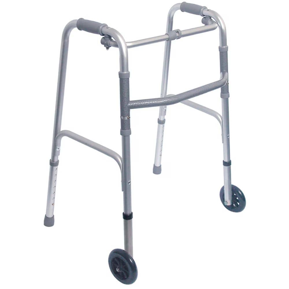 Silver walker with wheels on a white background