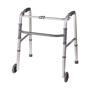 Silver walker with wheels on a white background
