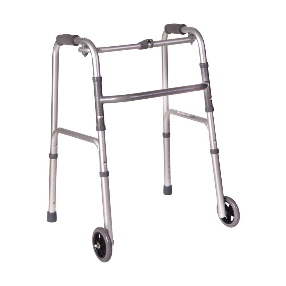 Silver walker with wheels on a white background