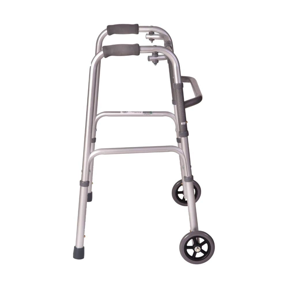 Silver walker with wheels on a white background