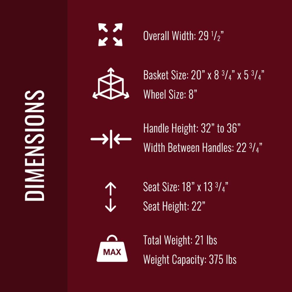 Product dimensions chart on a red background