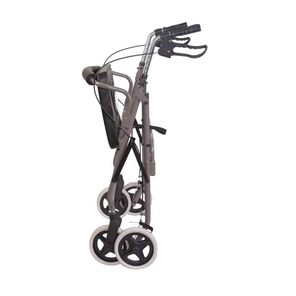 Gray rollator with four wheels on a white background