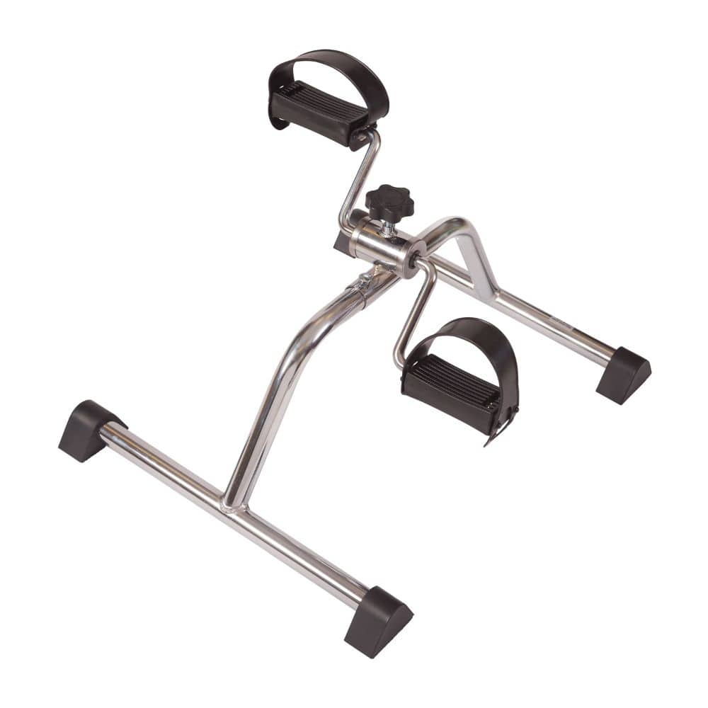 Metal foot pedal with black straps on a white background