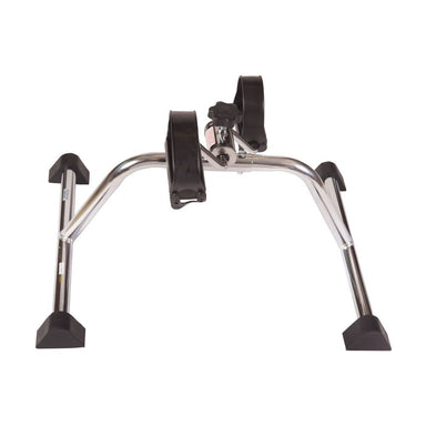 Metal stand with four legs and a central wheel on a white background