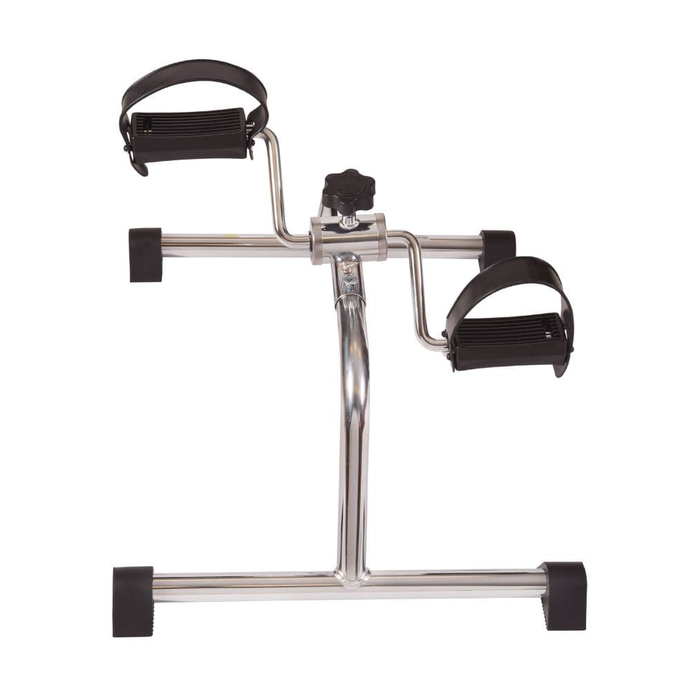 Metal exercise device with black foot pedals on a white background