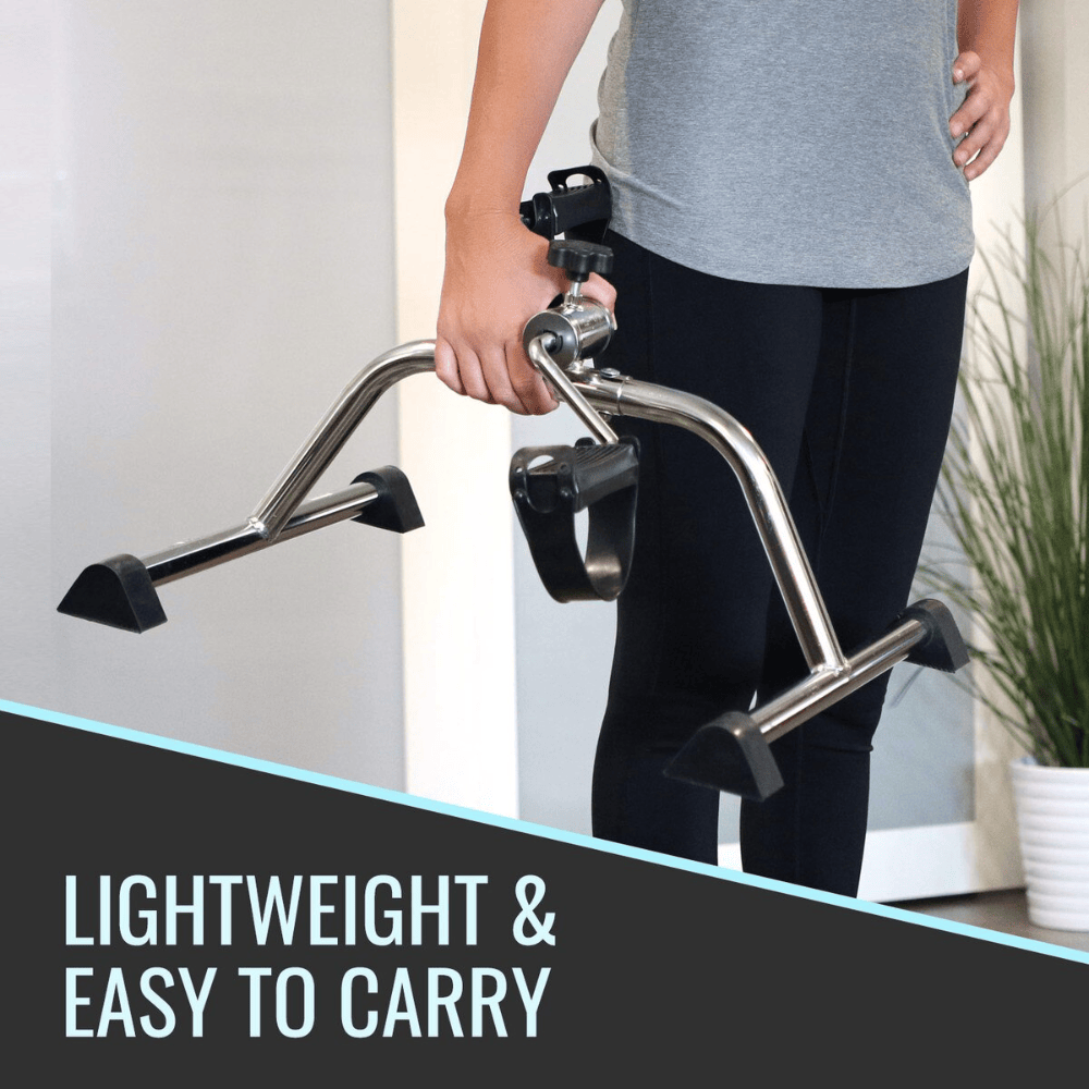 Person holding a portable exercise bike with text 'Lightweight & Easy to Carry' in a home setting.