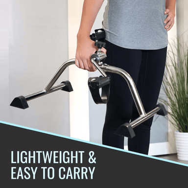 Person holding a portable exercise bike with text 'Lightweight & Easy to Carry' in a home setting.