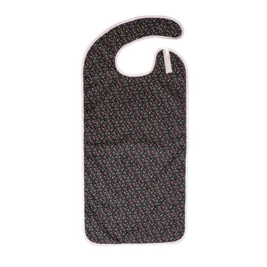 Black bib with colorful pattern on a white background