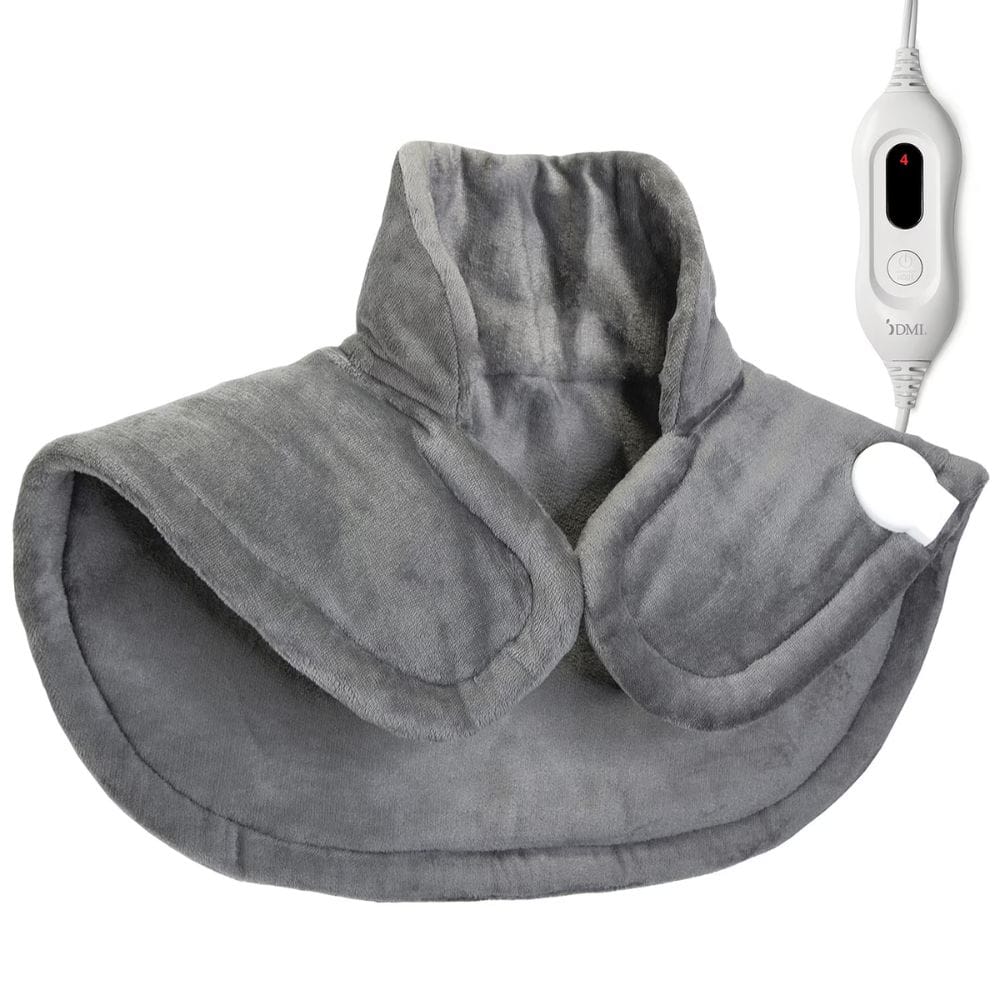 Gray neck and shoulder heating pad with a power cord on a white background