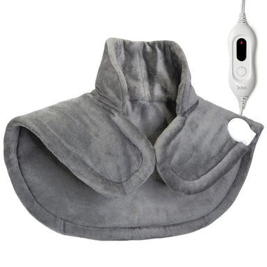 Gray neck and shoulder heating pad with a power cord on a white background