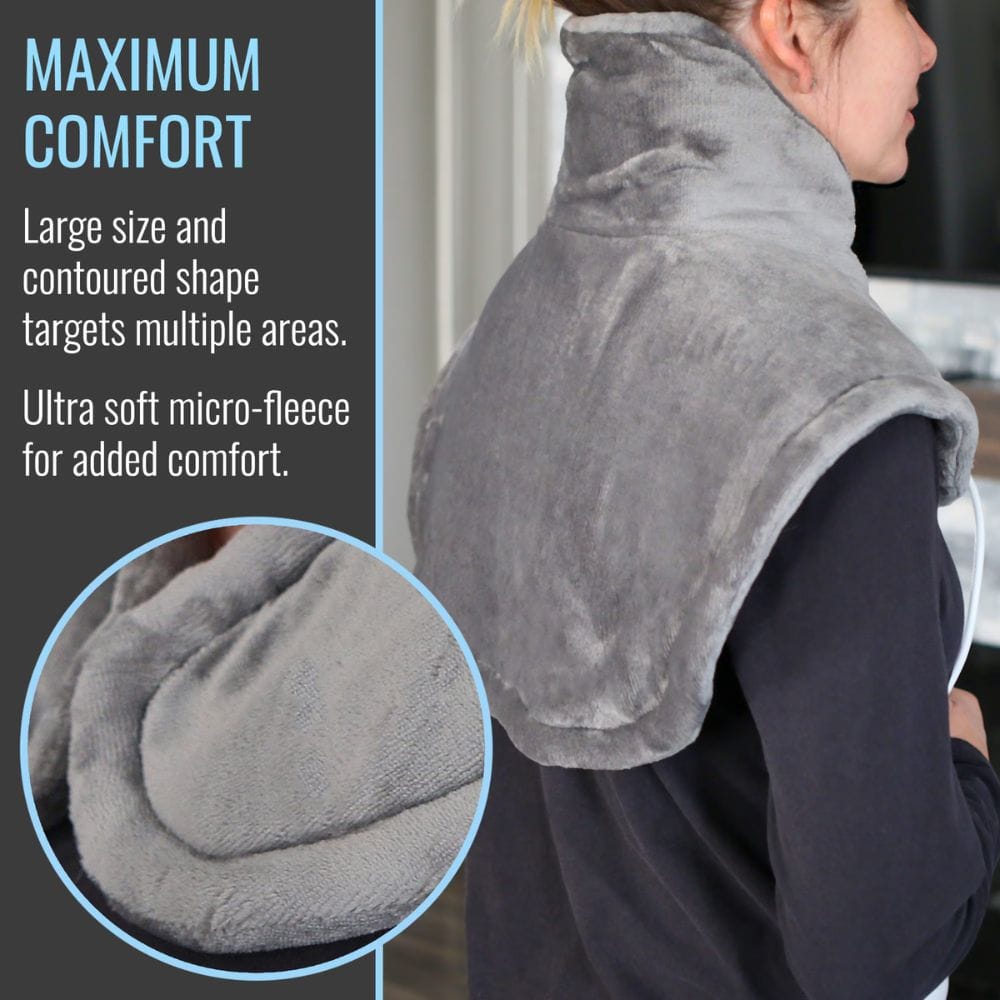 Person wearing a gray micro-fleece neck wrap with text highlighting comfort features.