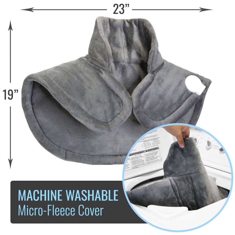 Gray micro-fleece cover with dimensions and machine washable label on a white background