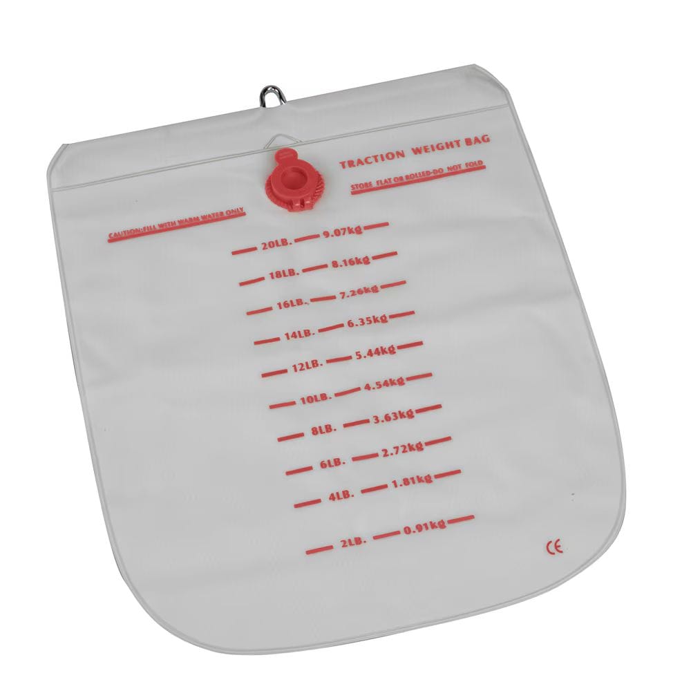 A translucent gray plastic fraction weight bag with red printed measurement markings and a red valve cap, shown on a plain white background.