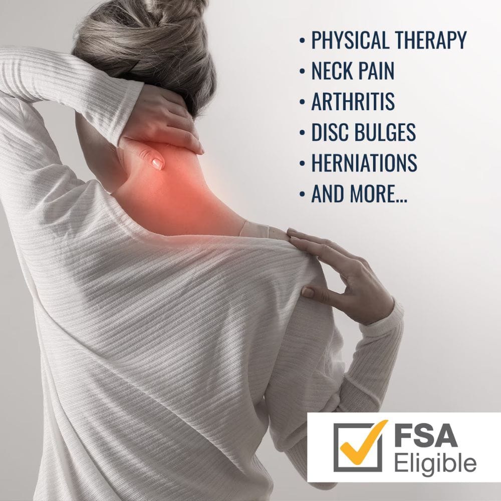 Person with neck pain holding shoulder, text about medical conditions, and FSA Eligible logo on a gray background