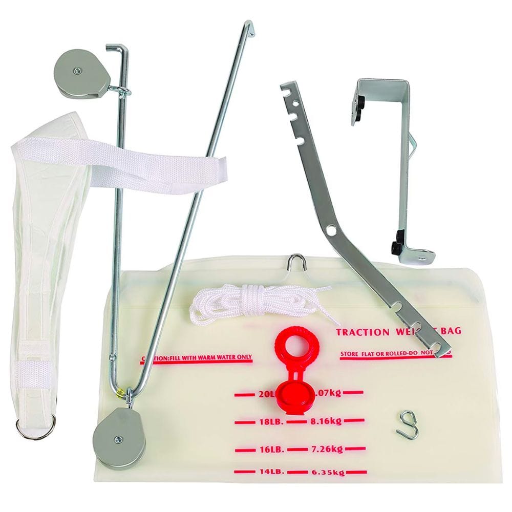 Traction wheel bag kit with a translucent cream-colored bag, red measurement markings and valve, white rope, metal wheel and bracket hardware, and a white strap, shown on a white background.