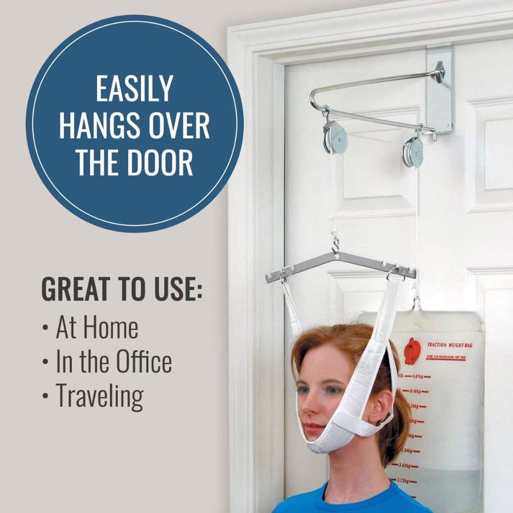 A white and silver over-the-door weight bag hanging from a metal door-hanging system mounted on a white door, with a woman visible below the bag. Text on the left reads 'EASILY HANGS OVER THE DOOR' and 'GREAT TO USE: At Home, In the Office, Traveling'.