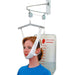 Person wearing a neck traction device with a weight bag on a white background