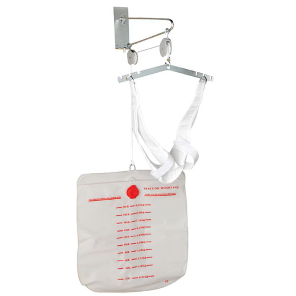A white fraction washer bag with red measurement markings and a red circular port, suspended from a silver metal frame and white straps against a white background.