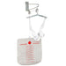 A white fraction washer bag with red measurement markings and a red circular port, suspended from a silver metal frame and white straps against a white background.