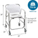 White shower chair with dimensions and weight capacity displayed