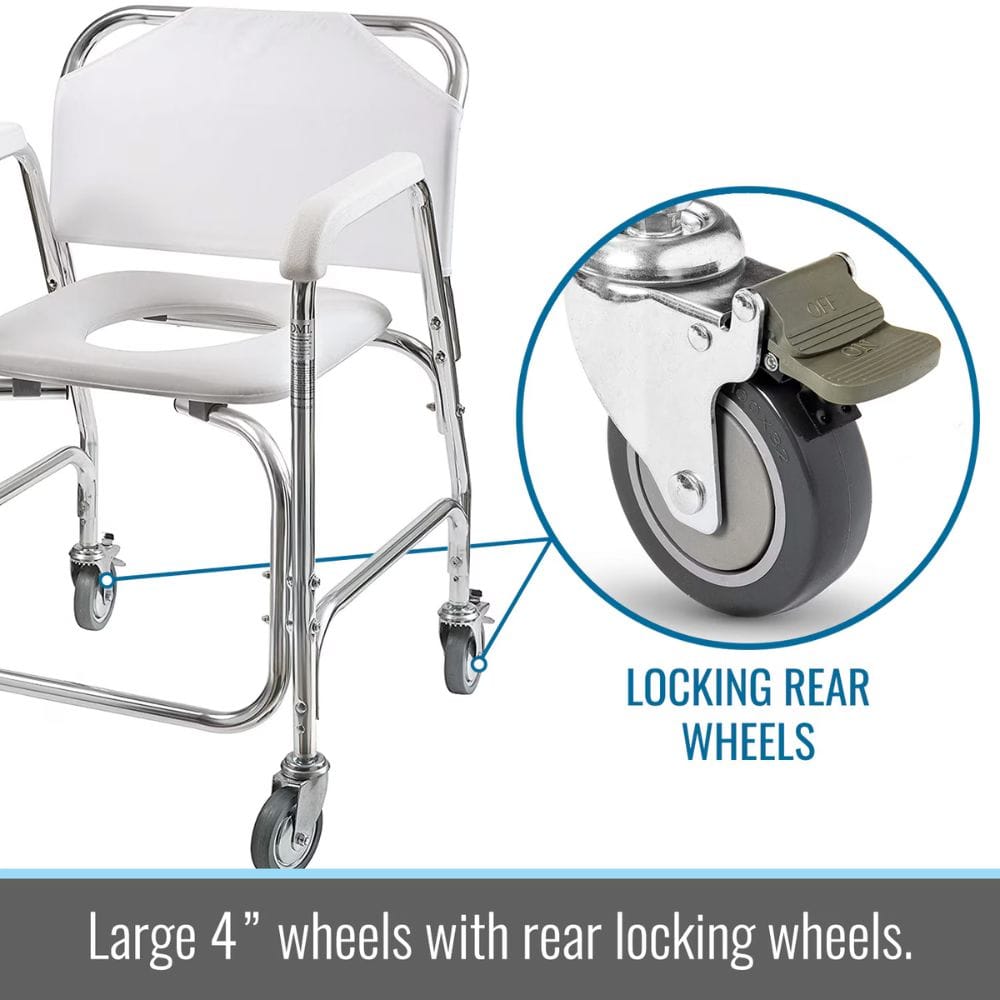 Bath chair with large 4-inch wheels and a close-up of locking rear wheel on a white background.