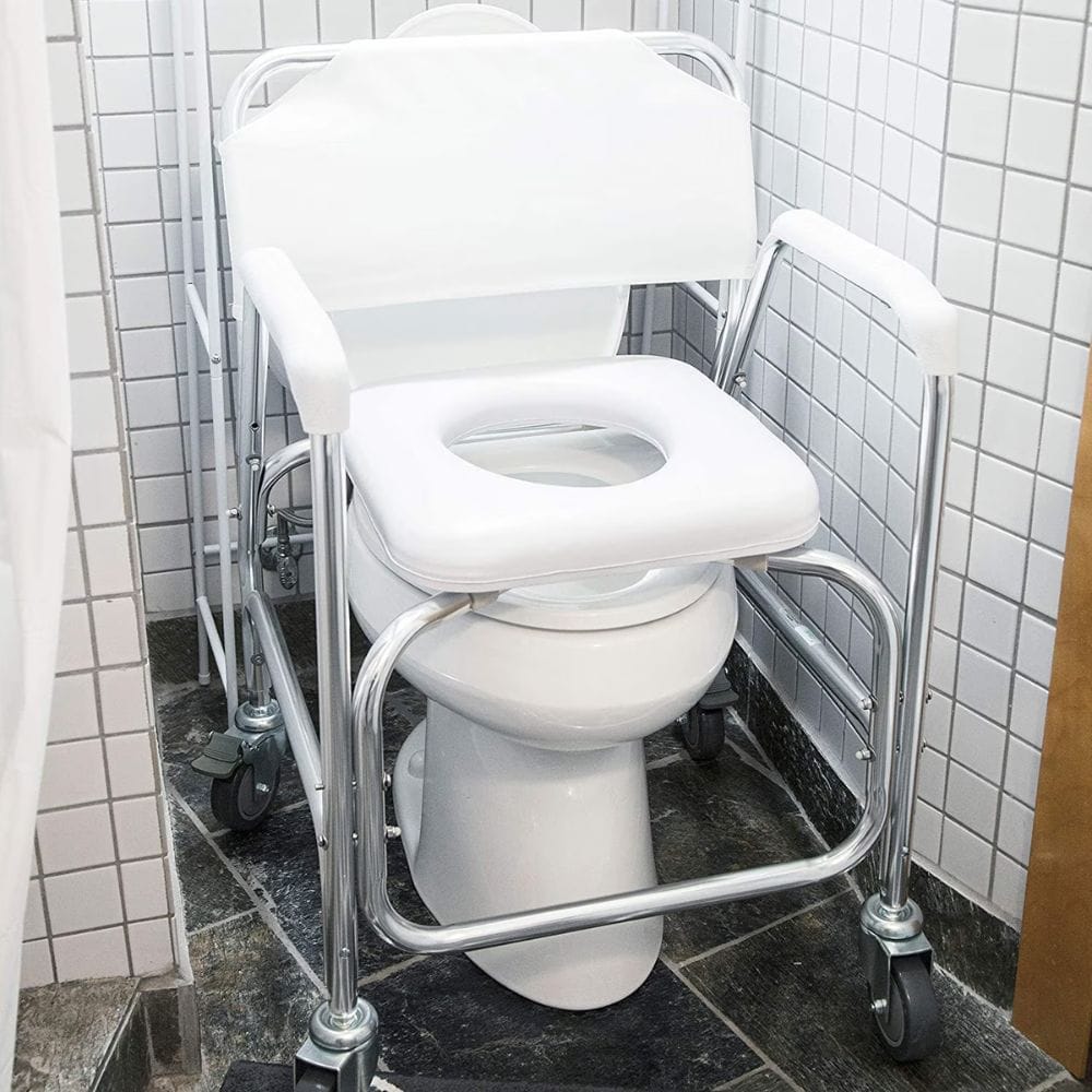 White toilet with a metal frame attached in a tiled bathroom.